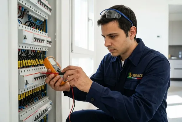 Diagnosi di un quadro elettrico da parte di un tecnico 2B Service a Ferrara