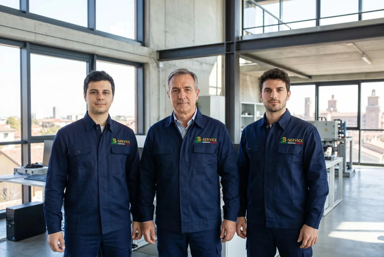 Chi siamo - Team tecnici qualificati 2B Service Squadra di tecnici 2B Service davanti all'ufficio a Bologna